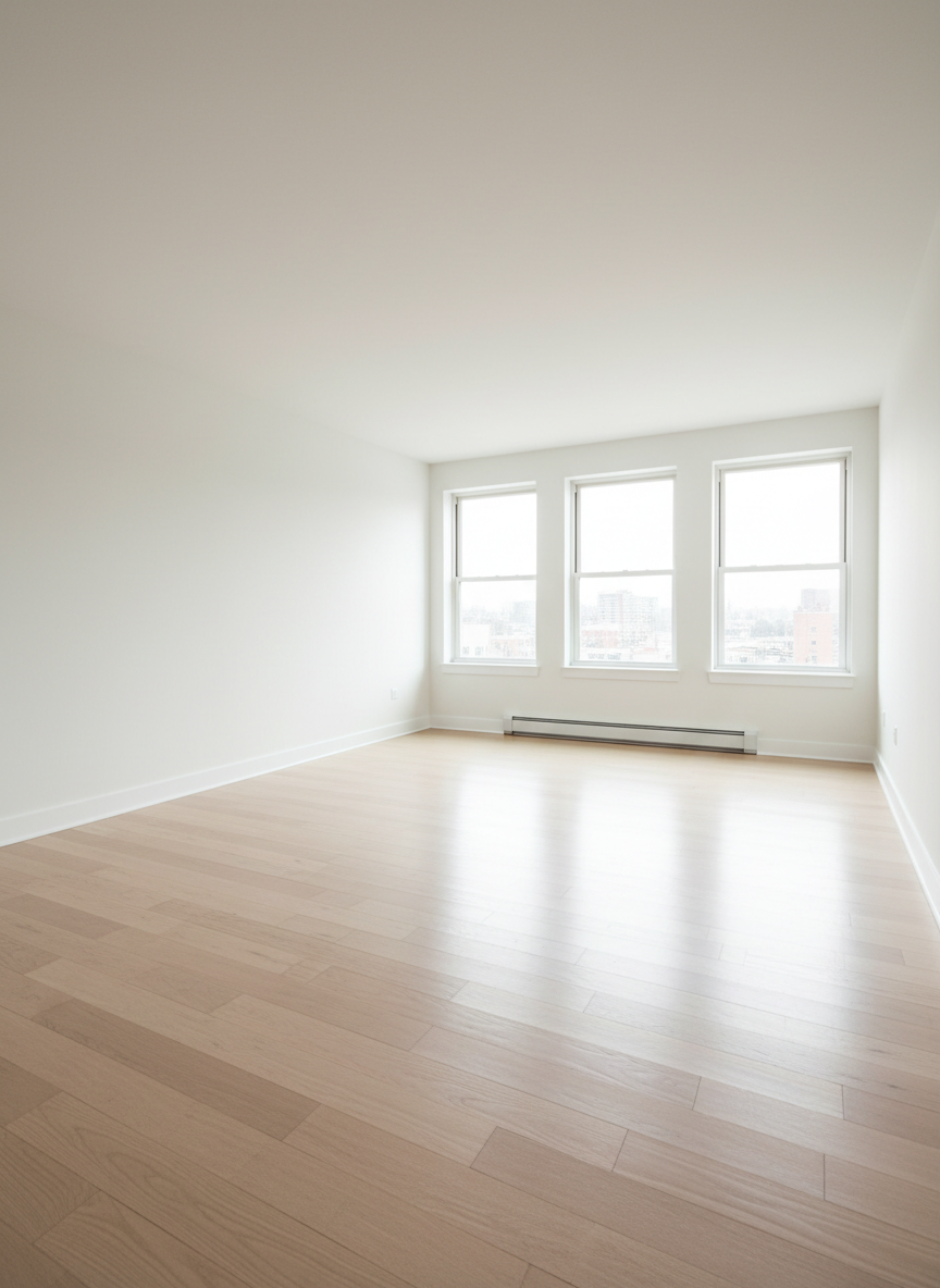 A nearly empty, unfurnished apartment living room freshly cleaned for a move-out service, with bare white walls, spotless wide-plank flooring, and large windows revealing soft daylight. The floor has a subtle sheen, baseboards are perfectly wiped, and there are no marks on the walls. Sunlight streams in, casting long, soft-edged shadows and emphasizing the openness and cleanliness of the space. Photographed from a corner at a slightly elevated angle, the image shows the full depth of the room, from foreground floorboards to the far wall and windows, all in crisp focus. Photographic realism with a quiet, spacious atmosphere conveys a sense of completion, readiness for new occupants, and the precision of professional move-out cleaning.