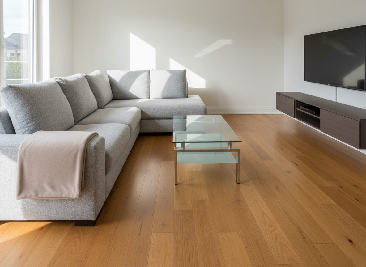 A meticulously made living room in a modern family home, with a plush light-gray sectional sofa, gleaming glass coffee table, and rich oak floors free of any clutter or dust. Cushions are perfectly aligned, and a soft, neatly folded throw rests on the arm of the sofa. Sunlight from a large unseen window bathes the room in soft natural light, creating gentle, crisp shadows along the baseboards and furniture edges. The surfaces of the coffee table and media console reflect the light subtly, emphasizing their spotless finish. Photographic realism, shot at eye level with a slightly wide angle, sharp focus throughout, conveying a fresh, calm, professionally cleaned atmosphere ideal for a residential cleaning service homepage.