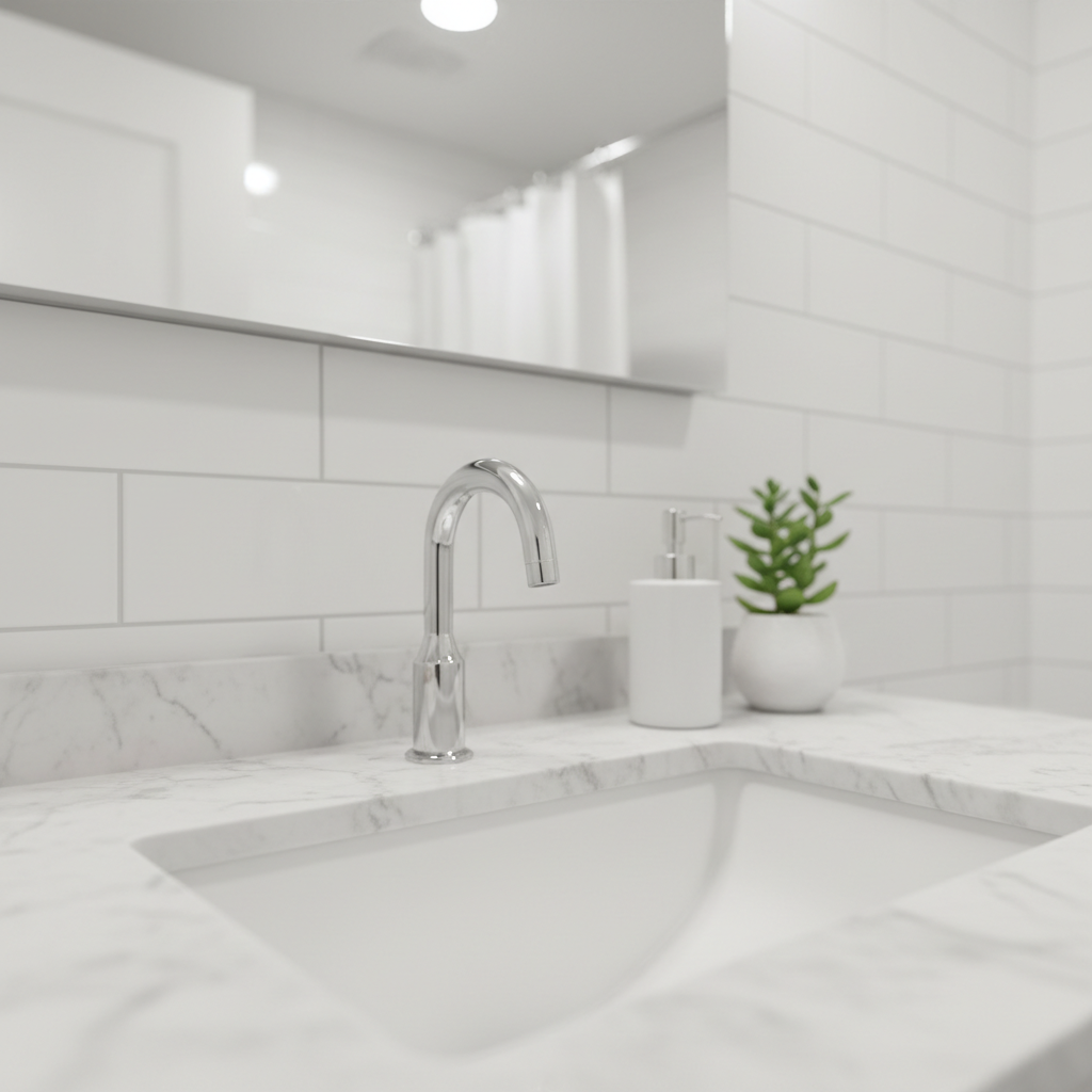 A detailed close-up of a bathroom vanity area showcasing a sparkling porcelain sink, polished chrome faucet, and mirror free of any streaks or water spots. The countertop, made of light marble or quartz, is completely clear except for a neatly arranged soap dispenser and a small, healthy green plant. Overhead, bright but diffused artificial lighting evenly illuminates the surfaces, making every edge and corner look immaculate. Tiny water droplets are absent, and grout lines around the sink and backsplash are visibly clean and white. Shot in photographic realism from a low, slightly angled perspective, with shallow depth of field that keeps the sink and faucet in sharp focus and the background tiles softly blurred. The mood is hygienic, refreshing, and reassuring, ideal for illustrating deep cleaning quality.