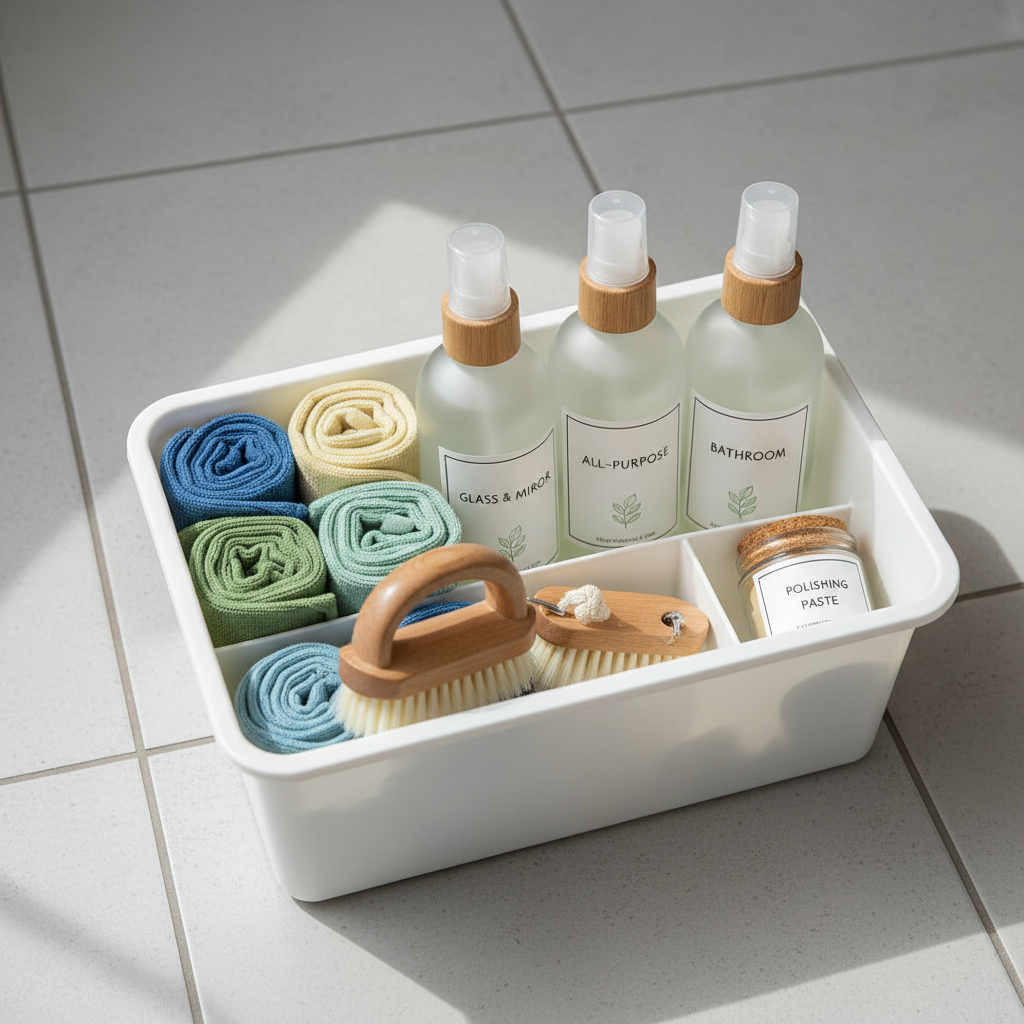A close-up, overhead view of a tidy cleaning caddy placed on a spotless light-gray tile floor in a residential hallway. The caddy is a sturdy white plastic organizer containing neatly arranged, color-coordinated microfiber cloths, labeled spray bottles with eco-friendly cleaning solutions, and a soft-bristle brush, all perfectly clean and well-maintained. The tile grout lines are bright and uniform, showing no dirt. Soft, indirect natural light from a nearby window creates gentle shadows and subtle highlights on the bottles and cloth textures. Photographic realism, with sharp focus on the caddy and a slight falloff of focus toward the tiles at the edges, establishes a professional, trustworthy, and environmentally conscious mood suitable for a residential cleaning brand that emphasizes safe, effective products.