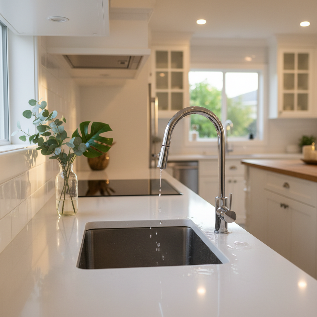A bright, spotless kitchen featuring white shaker cabinets, a polished quartz countertop, and a stainless-steel sink so clean it subtly reflects its surroundings. The stovetop is pristine with no stains or residue, and the chrome faucet gleams under the light. A single vase with green foliage sits on the counter, adding a touch of freshness. Soft afternoon natural light pours in from an off-frame window, complemented by warm recessed ceiling lights, creating a balanced, inviting glow. The composition is photographed from a slightly elevated angle, showcasing the sink, countertop, and backsplash in sharp detail, with a hint of bokeh toward the far end of the kitchen. The mood is hygienic, welcoming, and professionally cared for, matching a modern, eco-conscious cleaning brand.