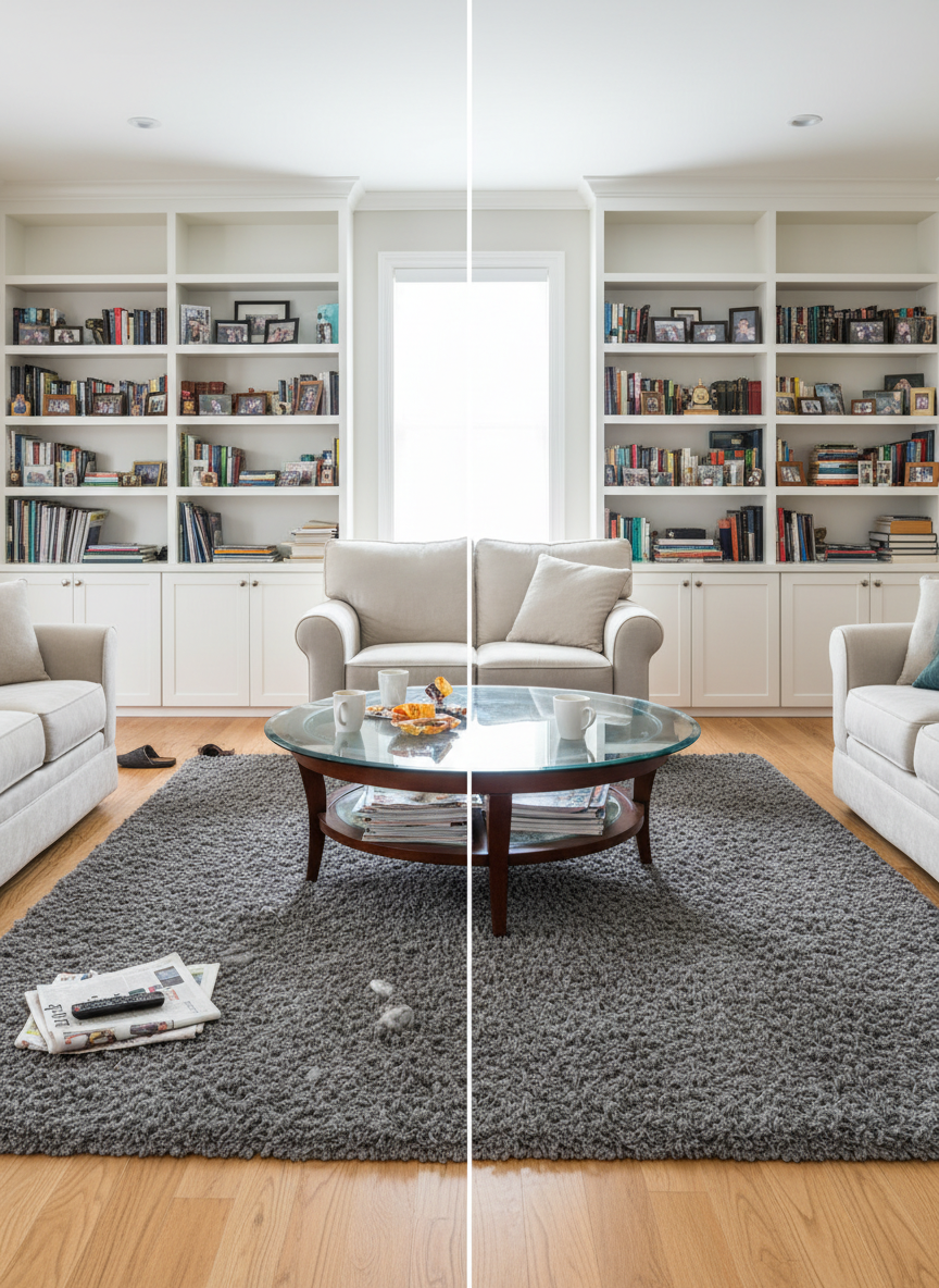 A side-by-side comparison scene of the same residential living room, divided seamlessly down the center. On the left, the floor, coffee table, and shelves show subtle clutter, dulled surfaces, and slight dust. On the right, the identical room appears after professional cleaning: floors shine, the rug looks refreshed, and surfaces are completely clear and polished. Colors are richer and more vibrant on the cleaned side. Even, neutral daylight illuminates both halves equally to emphasize the transformation. Photographed at eye level with a moderate wide-angle lens, the composition keeps the whole room in sharp focus. Photographic realism with a clean, modern aesthetic underscores the effectiveness of thorough home cleaning services, ideal for illustrating before-and-after results.