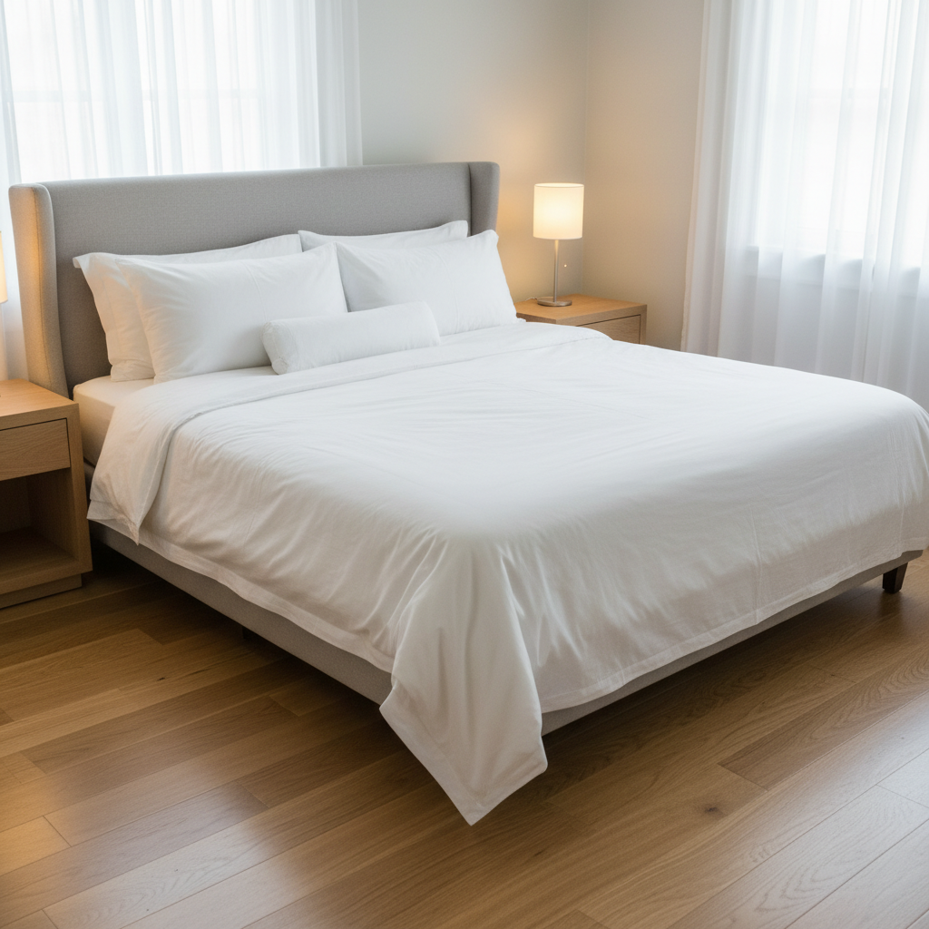 An elegant bedroom with a freshly made bed dressed in crisp white linens, a neatly smoothed duvet, and perfectly fluffed pillows aligned in a straight row. The nightstands are dust-free, each holding a single minimalist lamp with a warm, soft glow. The hardwood floor is spotless and slightly reflective, with no footprints or debris. Gentle morning light filters through sheer white curtains, creating a serene, diffused illumination and subtle shadows along the bed frame and headboard. Captured from a corner of the room at eye level, the composition uses the rule of thirds to emphasize the bed as the focal point. Photographic realism with a clean, modern aesthetic evokes comfort, calm, and the satisfaction of a thoroughly cleaned private retreat.