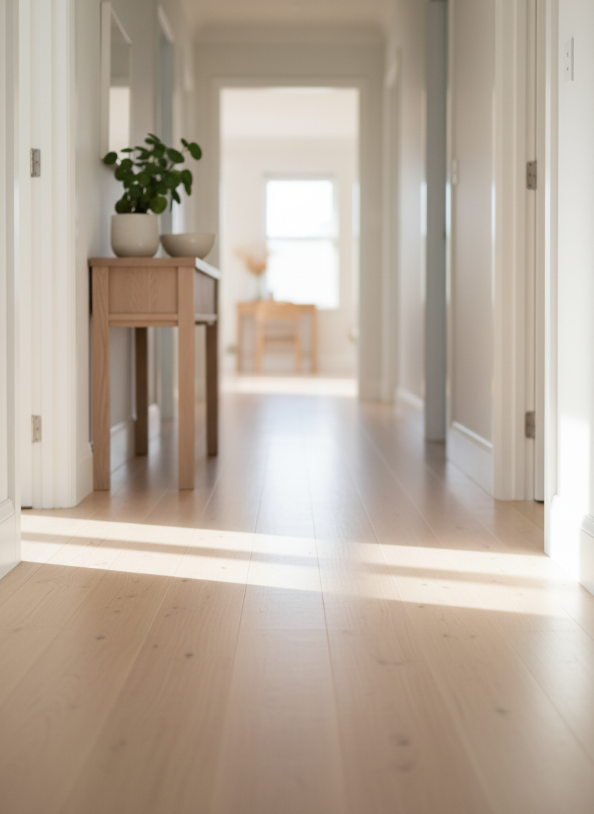 An organized hallway entry in a residential home, featuring a spotless light-wood floor extending toward a distant, softly blurred room. A simple console table sits against the wall, its surface dust-free and orderly, holding a single decorative bowl and a small plant. Baseboards and door frames appear freshly wiped, with crisp, clean lines and no smudges. Natural daylight pours in from the far room, creating a bright, airy corridor with gentle linear shadows along the floorboards. Photographed from a low eye-level perspective looking down the hallway, the image has sharp focus in the foreground that gradually softens into a pleasant bokeh. Photographic realism with a minimalist, modern atmosphere conveys reliability, attention to detail, and the feeling of coming home to a carefully maintained space.